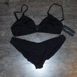 Fenne Tessa Black Bralette Bikini Set Swimsuit Lace Up Cutout‎ XS Womens